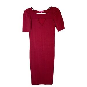 Betsey Johnson Women Bodycon Dress Medium Maroon Ribbed Pleated Puff Sleeve W417